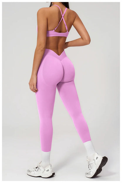 TRY TO BN Women Tracksuit 2 Piece Yoga Set Cross Bra High Waist V Waist Leggings Tummy Control Butt Lifting Workout Running Gym