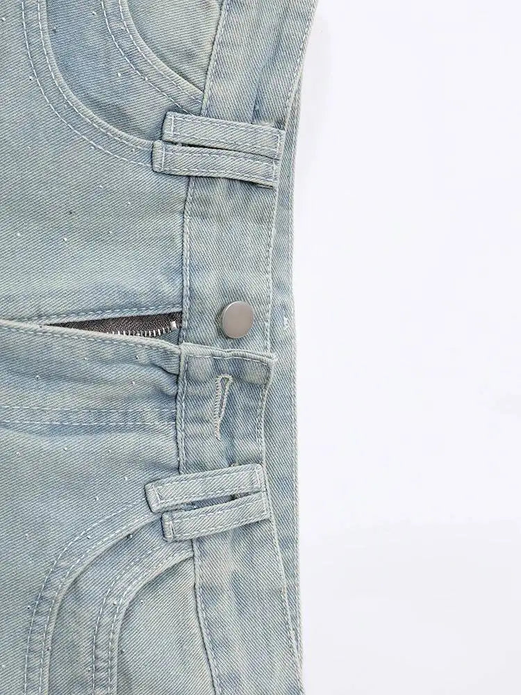 DEAT Fashion Star Rhinestone Denim Mini Skirt Women's High Waist Light Blue Gradient Wash Skirts Summer New