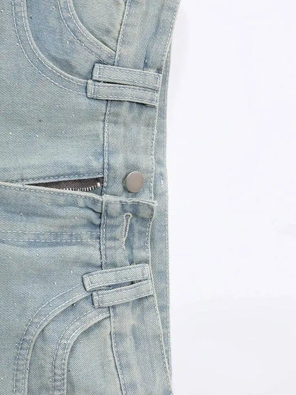 DEAT Fashion Star Rhinestone Denim Mini Skirt Women's High Waist Light Blue Gradient Wash Skirts Summer New