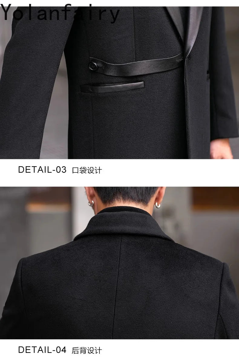 YOLANFAIRY 2025 Autumn Genuine Sheepskin Patchwork Wool Coat Man Clothing Men's Mid-length Suit Windbreaker Trendy Woolen Jacket