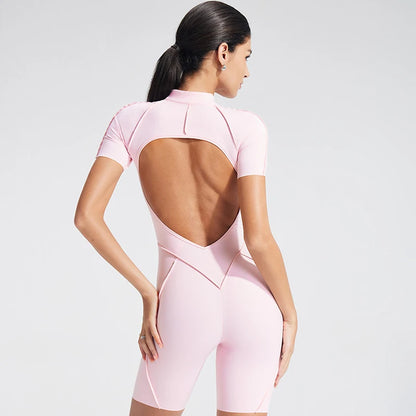 VITALINOVO Women Short Sleeve Workout Jumpsuit Backless Zip Up Romper Bottom Shorts Built-in Bra Bodysuit Bodycon Sexy One Piece
