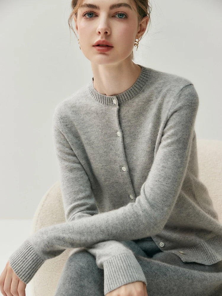 CHICUU Autumn Winter Women Thick O-neck Cardigan Basic Simple 100% Cashmere Sweater Solid Long Sleeve Cardigan Coat Knitwear