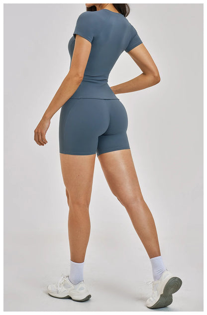 Custom LOGO women's spring and summer short-sleeved sports yoga fitness clothes shorts casual sports two-piece set