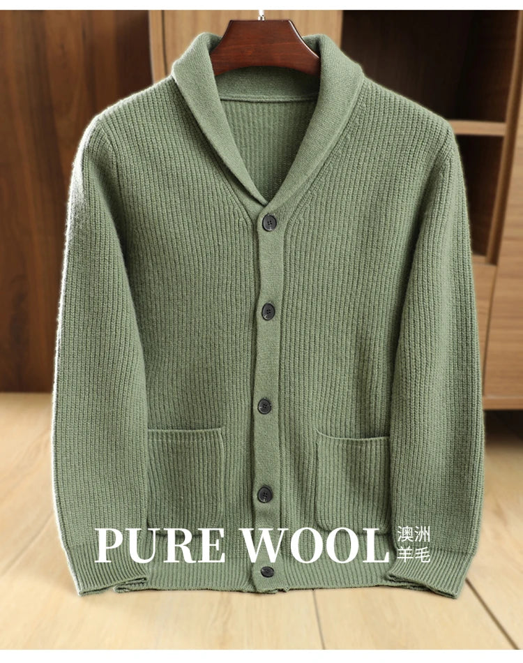 Men High Quality Polo Collar Cardigan Autumn Winter Thick Buttons 100% Merino Wool Sweater Smart Casual Coat Cashmere Knitwear