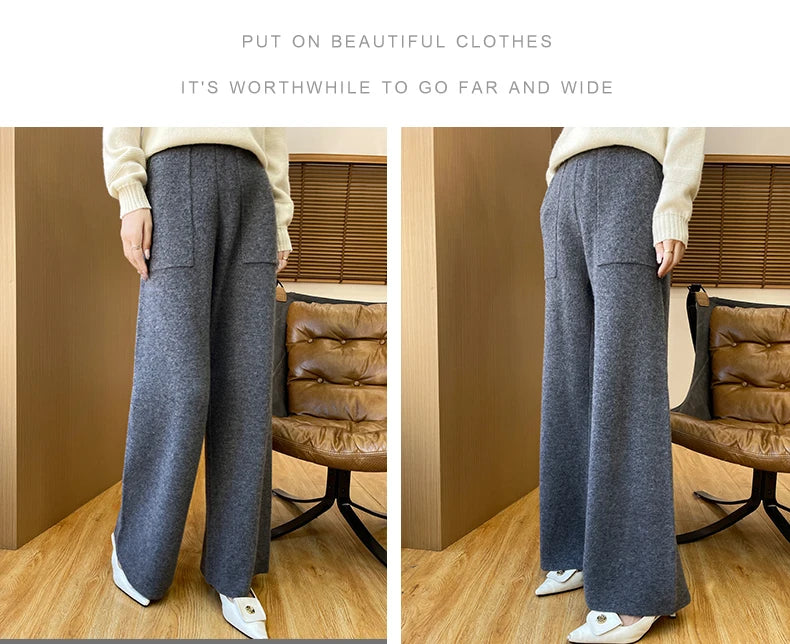 DjzDsm Women's Autumn Spring Knitted Floor-Length Wide Leg Pants 100% Merino Wool Long Trousers