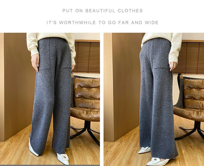 DjzDsm Women's Autumn Spring Knitted Floor-Length Wide Leg Pants 100% Merino Wool Long Trousers