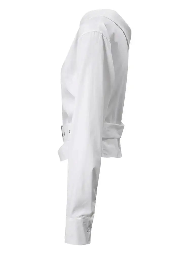 DEAT Fashion Belted Waist Shirt Women's One Shoulder Asymmetrical Collar Long Sleeve White Blouse Sumemr New