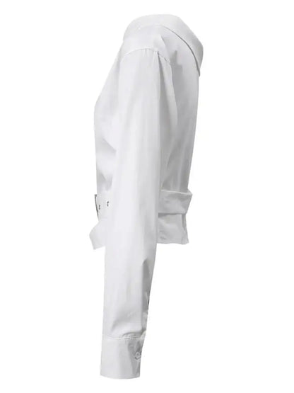 DEAT Fashion Belted Waist Shirt Women's One Shoulder Asymmetrical Collar Long Sleeve White Blouse Sumemr New