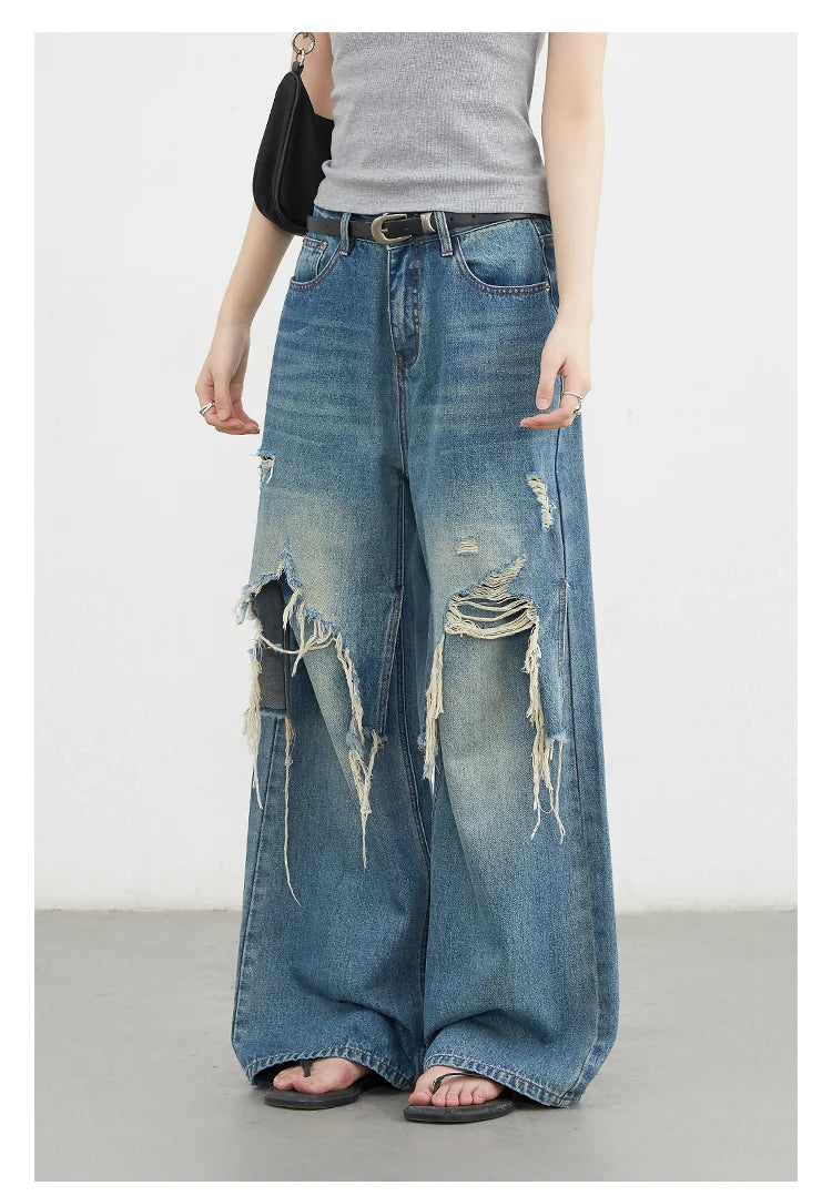 CHIC VEN Women Jeans Loose Casual High Waisted Wide Leg Ripped Rough Edge Denim Pants Female Trousers Spring Autumn 2025