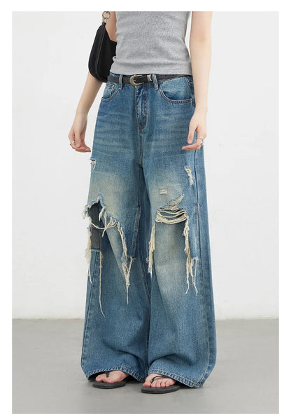 CHIC VEN Women Jeans Loose Casual High Waisted Wide Leg Ripped Rough Edge Denim Pants Female Trousers Spring Autumn 2025