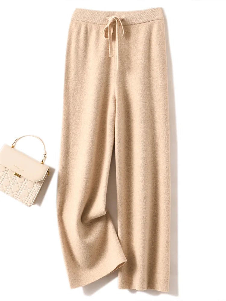 CHICUU Women Cashmere Pants Basic Casual Wide Leg Pants Autumn Winter 100% Merino Wool Knitwear Soft Korean Popular Trousers