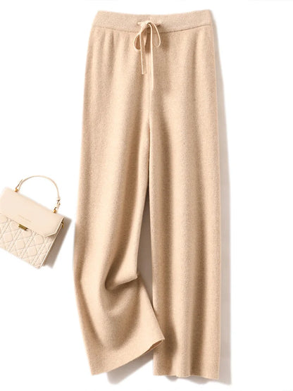 CHICUU Women Cashmere Pants Basic Casual Wide Leg Pants Autumn Winter 100% Merino Wool Knitwear Soft Korean Popular Trousers