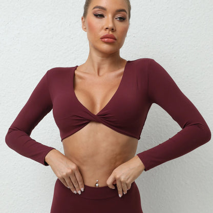 Sexy Creased Long Sleeve Crop Top Women Yoga Clothing Quick Dry Gym Long Sleeved Shirt Women Clothes Running Workout Sportswear