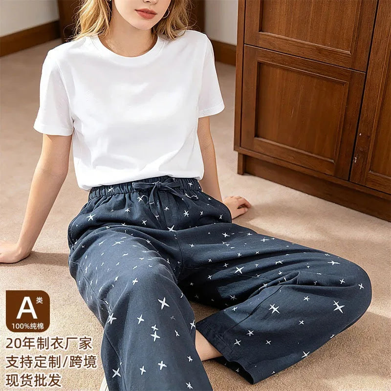 2026 Spring/Summer New Couple Sleeper Pants 100% Cotton Gauze Men's and Women's Casual Loose Home Thin Pants bottoms womens
