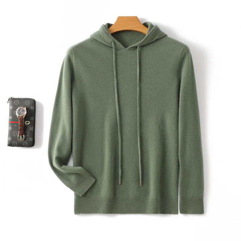 Men's 100% Merino Wool Sweater Hooded Collar Knitted Pullover Cashmere Sweatshirt Autumn Winter Casual Large Tops Long Sleeved