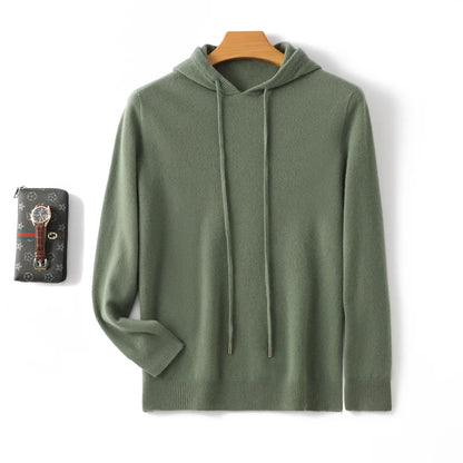 Men's 100% Merino Wool Sweater Hooded Collar Knitted Pullover Cashmere Sweatshirt Autumn Winter Casual Large Tops Long Sleeved