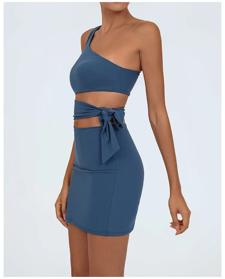 Tennis Dress Women Golf One Shoulder Hollow Out Bandage Slim Fit Fitness Tennis Short Skrit Badminton Dress One-Pieces Yoga Set