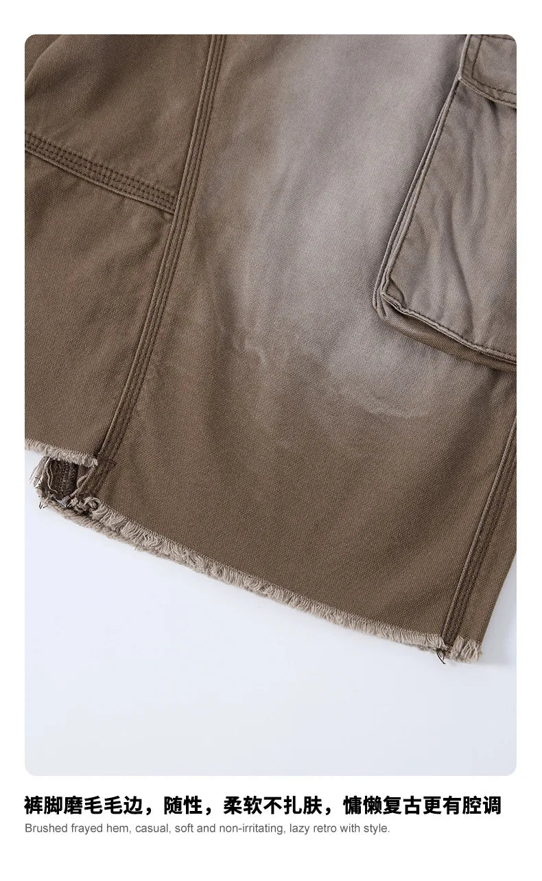 Custom LOGO men's 310G heavy 100% cotton summer American street multi-pocket retro washed old loose tooling seven-point shorts