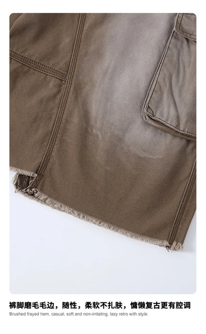 Custom LOGO men's 310G heavy 100% cotton summer American street multi-pocket retro washed old loose tooling seven-point shorts