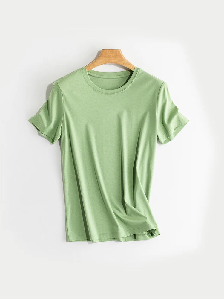 SuyaDream Women Solid T shirts, Silk Cotton Blend, O Neck, Short Sleeved Solid Tee,2025 Summer Candy Colors Basic Cozy Top Green