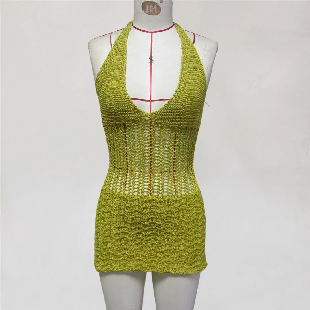 S - XL Halter V Neck Backless Crochet Knitted Tunic Beach Cover Up Cover-ups Beach Dress Beach Wear Beachwear Female Women V8238