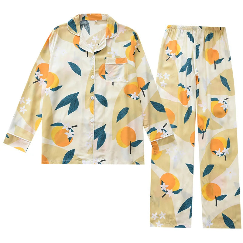 Spring and summer new 100% viscose pajamas two-piece long-sleeved trousers women's flowers comfortable plus size homewear suit