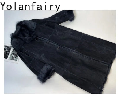 YOLANFAIRY Real Goatskin Leather Fur Coats for Women Winter High-end Natural Fur Coat Lazy Style Long Leather Jacket Luxury Wear