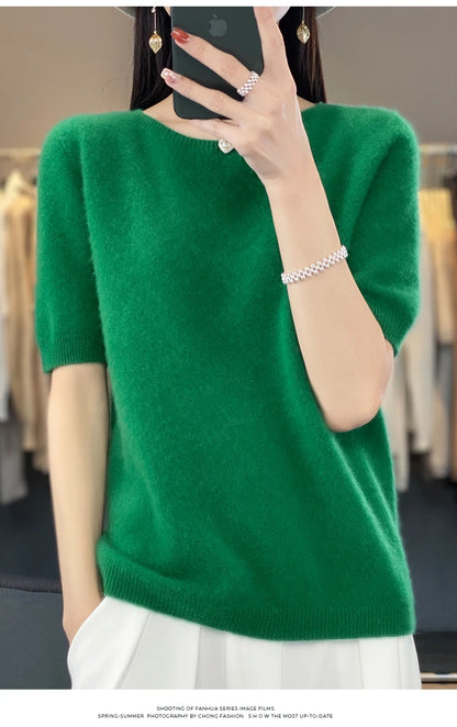 100% Merino wool women's O neck knitted T-shirt Korean pullover short sleeve sweater women's basic solid color half sleeve women