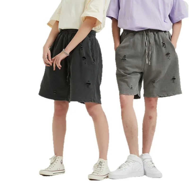 Customized LOGO Men's Heavy 100% Cotton High Street Wind Wash Old Loose Cut Couple Retro Shorts