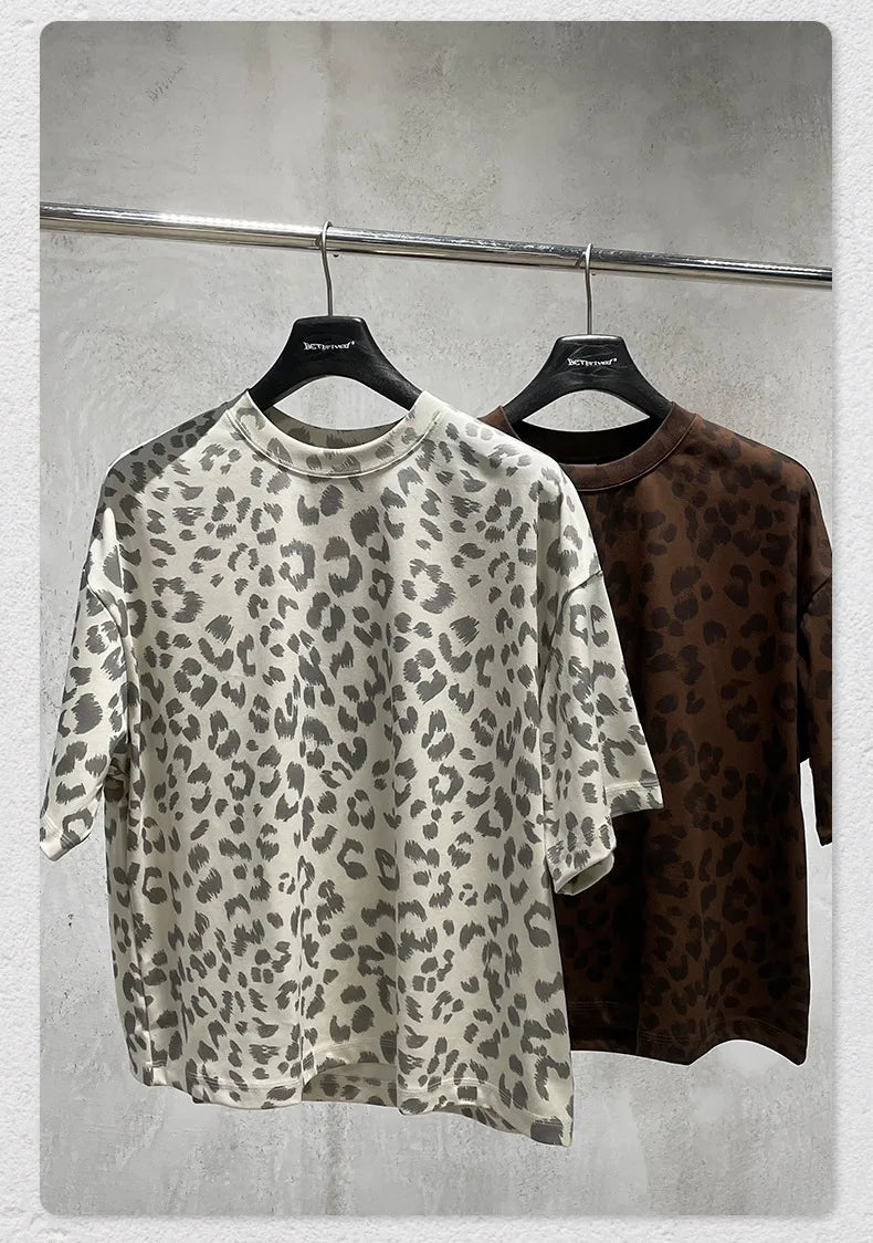 Custom LOGO men's new summer 240G cotton polyester American retro BOXY leopard print short-sleeved T-shirt casual loose top