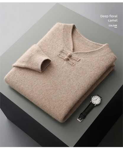 New Chinese Style Men's Pullover 100% Pure Wool Knit Sweater Autumn Winter Retro Stand Collar Long Sleeve Fashion Cashmere Tops