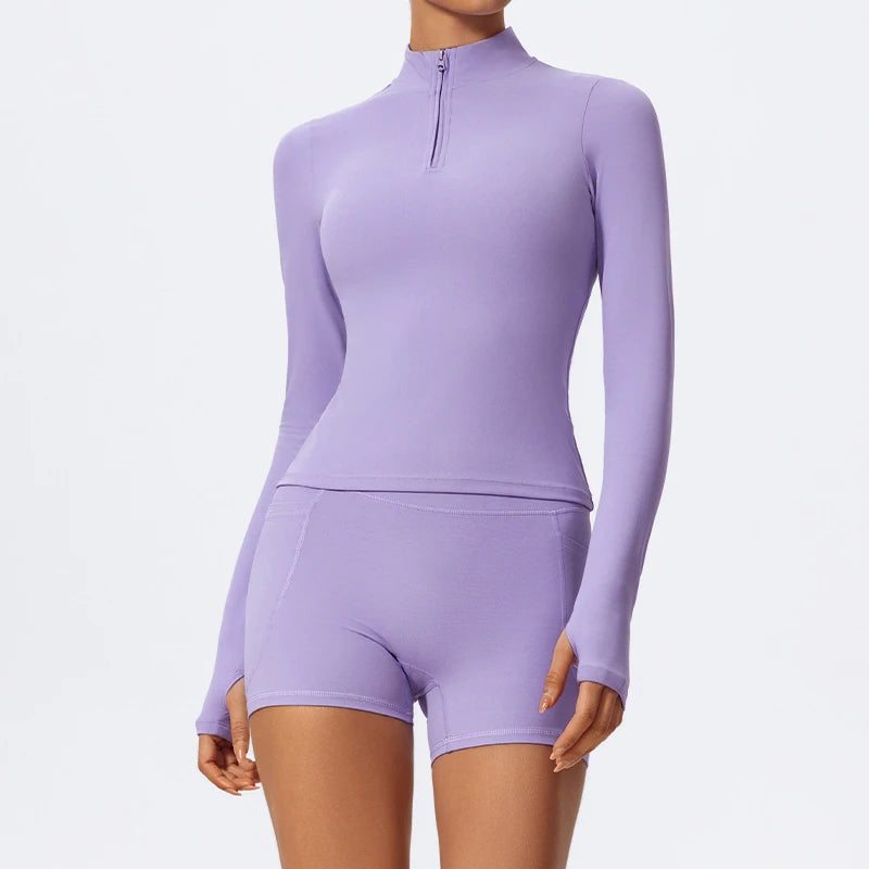 Hearuisavy Summer Half Zipper Yoga Suit Outdoor Workout Clothing Gym Set Women Flared Pants 2Pcs Sports Long Sleeves Shirt Suit