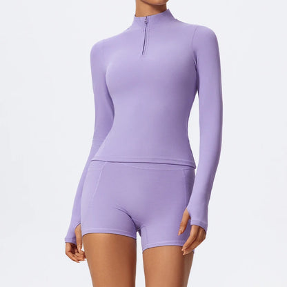 Hearuisavy Summer Half Zipper Yoga Suit Outdoor Workout Clothing Gym Set Women Flared Pants 2Pcs Sports Long Sleeves Shirt Suit
