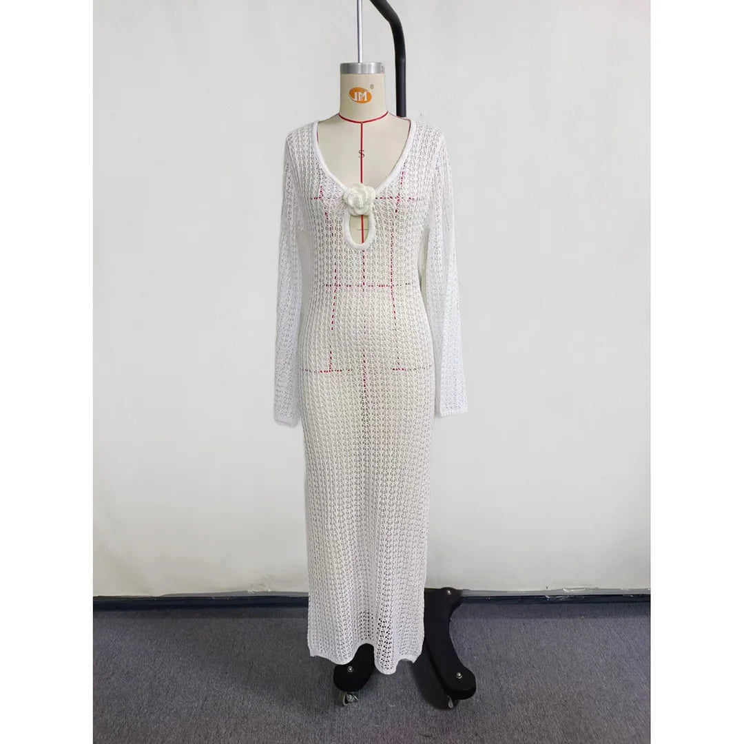 3D Flower V Neck Long Sleeve Crochet Knitted Tunic Beach Cover Up Cover-ups Beach Dress Beach Wear Beachwear Female Women V5852