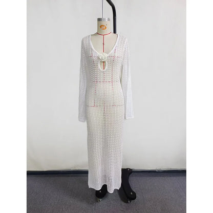 3D Flower V Neck Long Sleeve Crochet Knitted Tunic Beach Cover Up Cover-ups Beach Dress Beach Wear Beachwear Female Women V5852