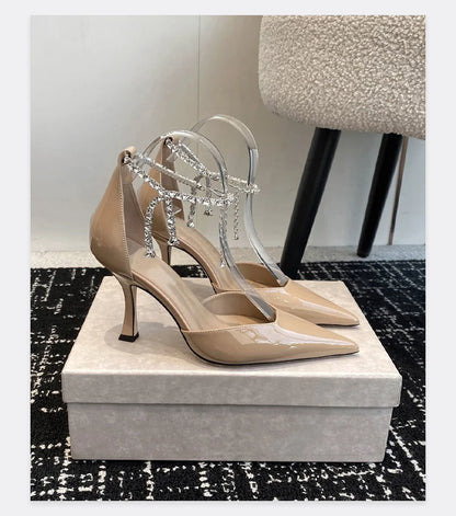 2025 Spring/Summer New Sexy and Versatile Hollow Pointed Shallow Mouth Fine Heel Chain Diamond High Heel Sandals for Women