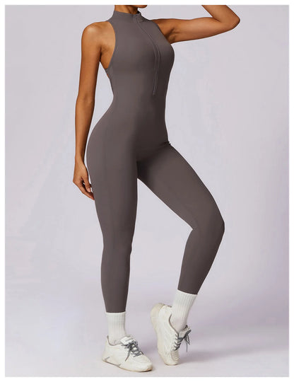 Summer V Back One-piece Suit Women Sports Jumpsuit Zippers Yoga Rompers Backless Sportswear Women Sleeveles Workout Bodysuits