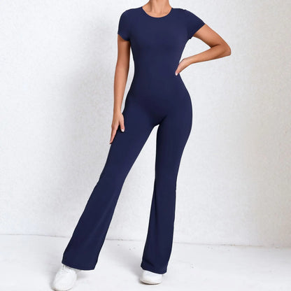 Women's Tracksuit Yoga Set Backless Jumpsuits Back V One Piece Fitness Rompers Short Sleeves Sportswear Gym Set Workout Clothes