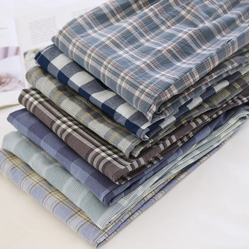 2026 New Spring and Autumn Men's Sleeper Pants 100% Cotton Gauze Japanese Checkered Pants Elastic Waist Home Pants Sleepwear