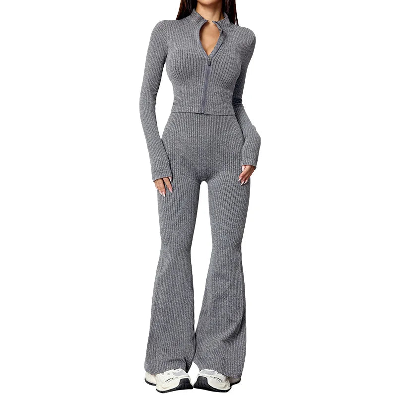 SOISOU 2 PCS Sport Running Sets Autumn Winter Women's Slim Yoga Outfit Long Sleeve Zip Jacket Flared Leggings Fitness Set