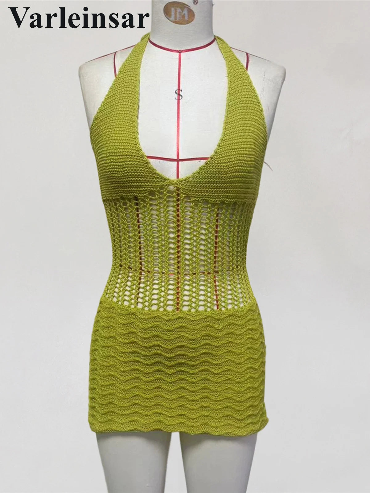 S - XL Halter V Neck Backless Crochet Knitted Tunic Beach Cover Up Cover-ups Beach Dress Beach Wear Beachwear Female Women V8238