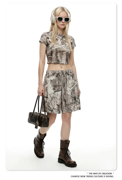 Custom LOGO women's 315G cotton polyester summer short front shoulder camouflage short-sleeved T-shirt vest casual sports suit