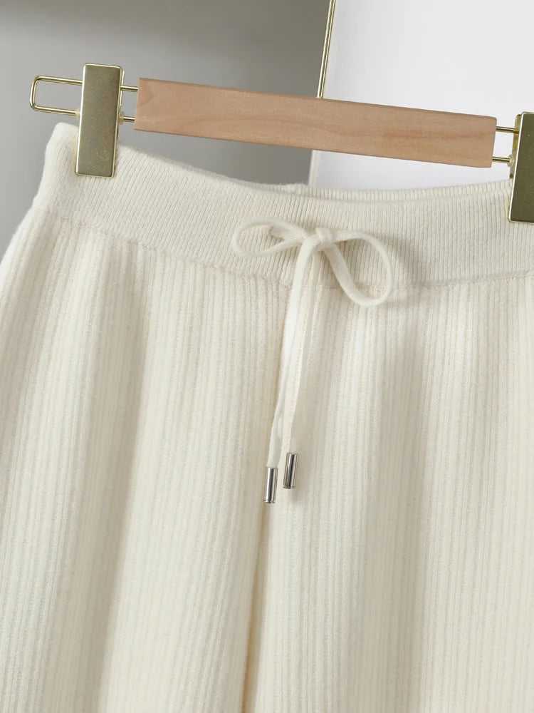 CHICUU Women Thick Wide Leg Pants 100% Merino Wool Knitted Trousers Autumn Winter Striped Jacquard Cashmere Pants Simple Style