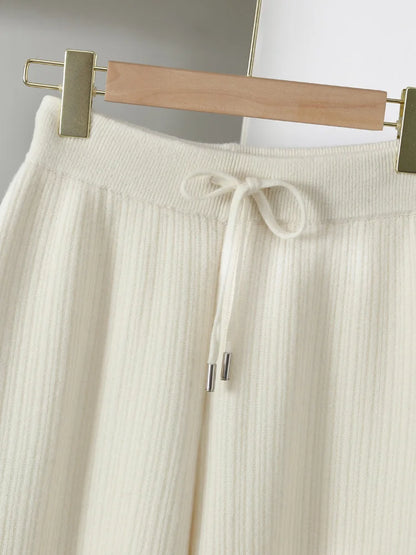 CHICUU Women Thick Wide Leg Pants 100% Merino Wool Knitted Trousers Autumn Winter Striped Jacquard Cashmere Pants Simple Style
