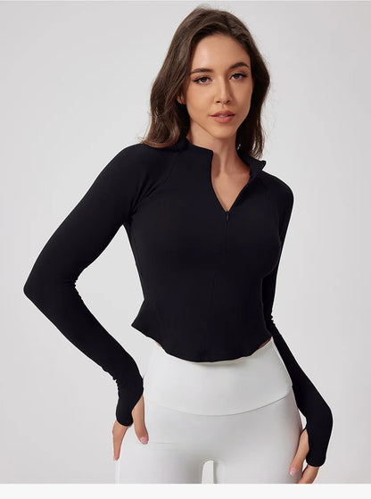 Half Zipper Running Fitness Jacket Outdoor Sports Long Sleeved Women Slim Gym Workout Top Female Yoga Clothes Quick Dry Jacket