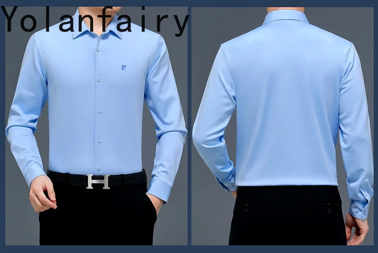 YOLANFAIRY 100% Mulberry Silk Long Sleeve Shirt Man Spring Autumn Casual Silk Mens Shirts Warm Male White Shirt chemises hommes