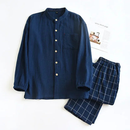 2026 Japanese style new couple sleepwear set 100% cotton crepe fabric long sleeved long pants two-piece home wear pajama