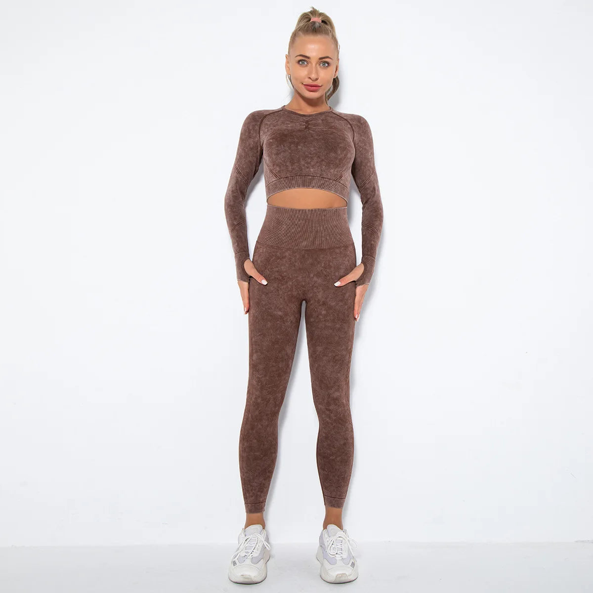 Women Seamless Tracksuit Yoga Set 2PCS Workout Clothes Athletic Wear Gym Legging Fitness Bra Crop Top Long Sleeve Sports Suits