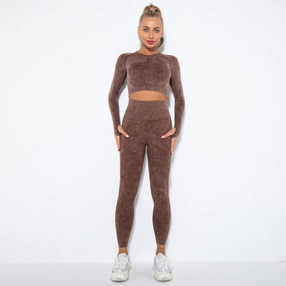 Women Seamless Tracksuit Yoga Set 2PCS Workout Clothes Athletic Wear Gym Legging Fitness Bra Crop Top Long Sleeve Sports Suits
