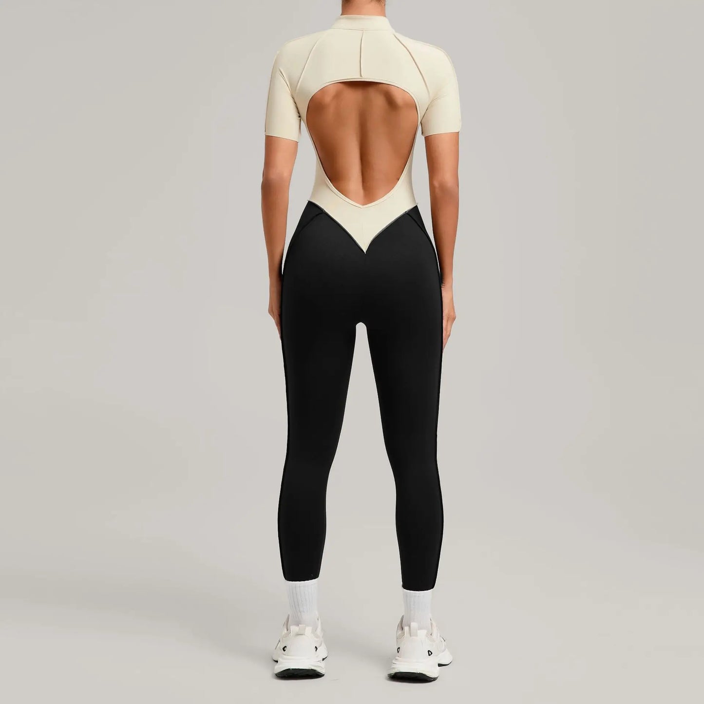 SOISOU Zipper Jumpsuit Women Nylon Clothing Sportswear Woman Gym Yoga Sport Sets Short Sleeve Workout Sets Women Tracksuit